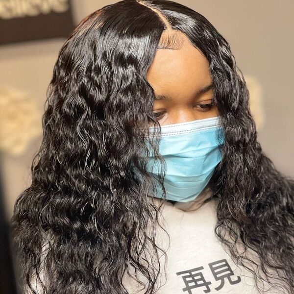 Lace Closure Sew in No Glue All Sewn Down Hairstyle - A woman wearing a blue surgical face mask