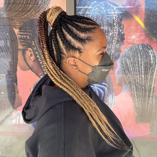 Ombre Hair Braided Ponytail - A woman wearing a black hooded jacket and color gray KN95 face mask