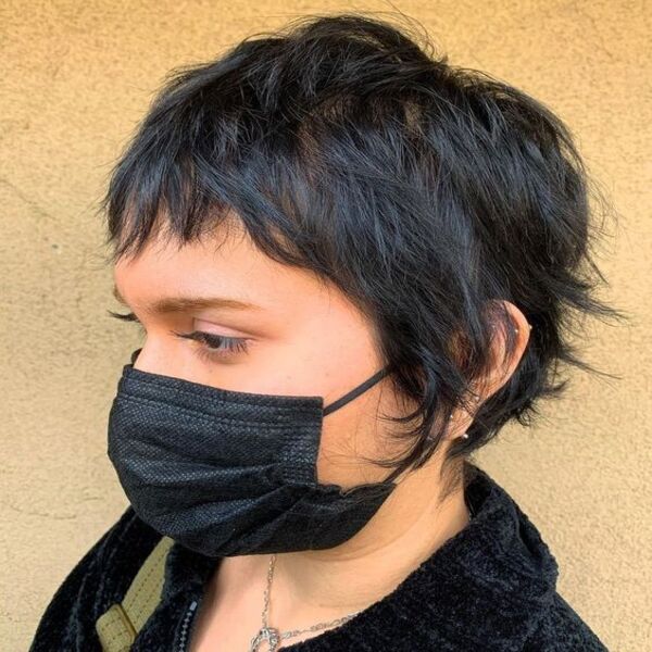 Pixie Short Shag for Thin Hair with Half Bangs - A woman wearing a black mask