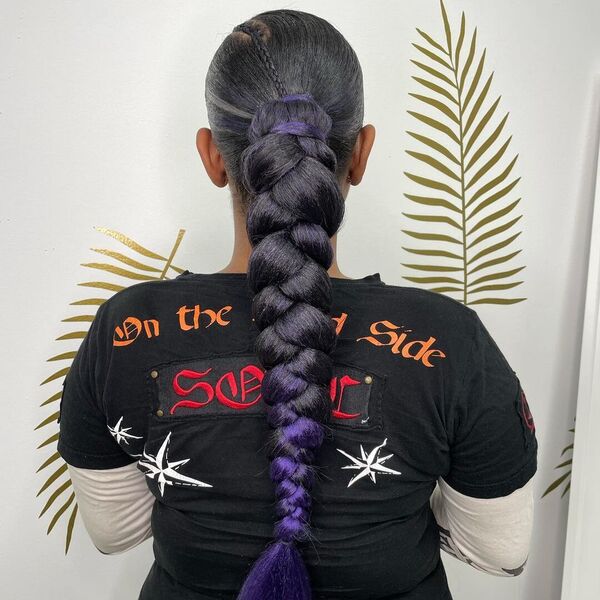 Purple Hair Jumbo Sleek Braid Ponytail - A woman wearing a black printed shirt