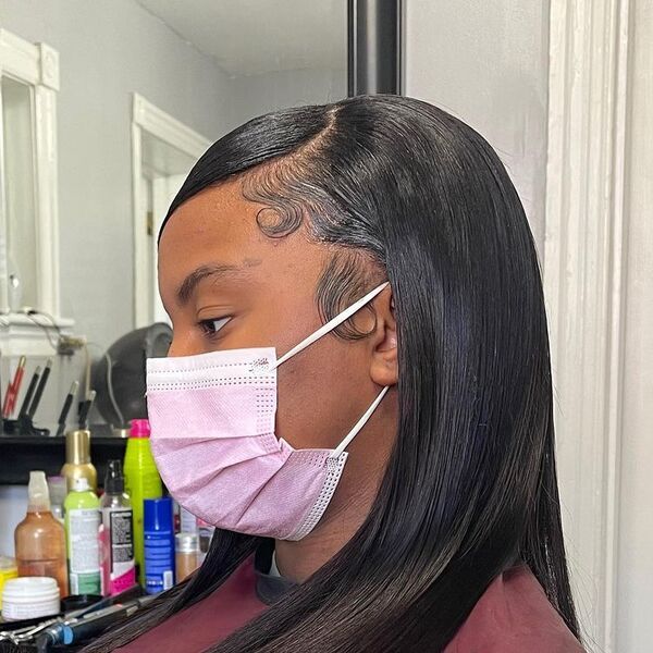 Quick Weave Swoop Pony Tail - A woman wearing a pink mask