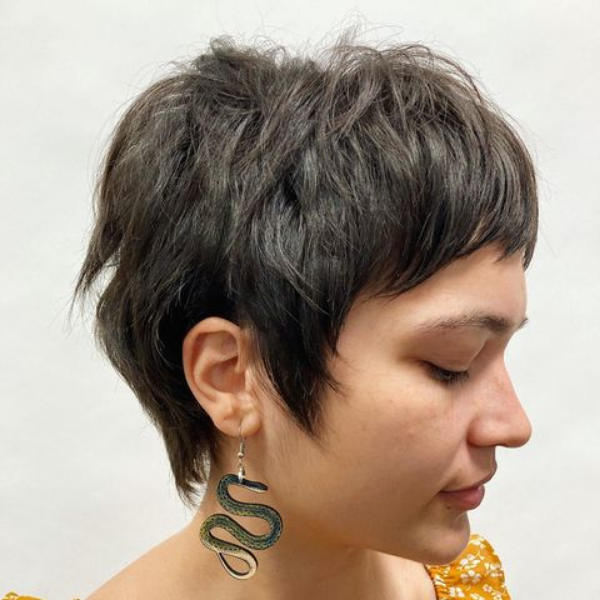 Rock Semi-Shaggy Pixie Hairstyle - A woman wearing a snake earrings