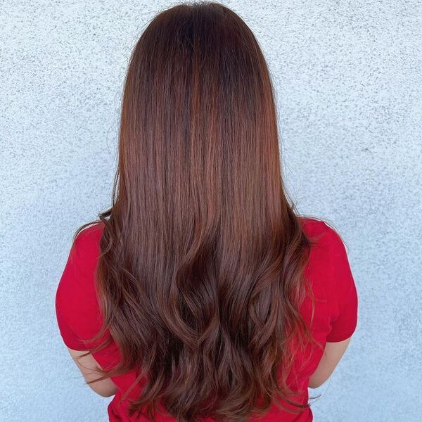 Shade of Auburn Chocolate Hair - a woman wearing a red shirt
