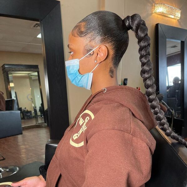 Sleek Ponytail with Braid - A woman with blue surgical face mask wearing a brown hooded jacket