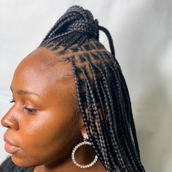 Small Knotless Braids - A woman on black dress wearing a big circle silver earrings
