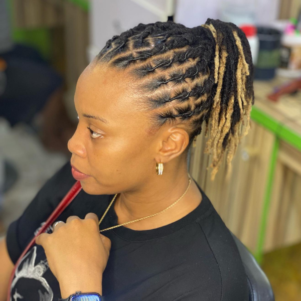 Twist Locs with Light Brown Highlights - A woman wearing a black shirt Dreadlock Hairstyles
