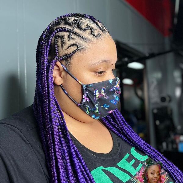 Violet Hair Tribal Braids - A woman with a black printed facemask wearing a black shirt
