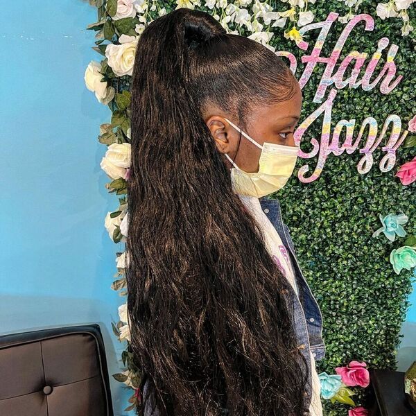 Body Wave Ponytail - A woman with facemask wearing a blue denim jacket
