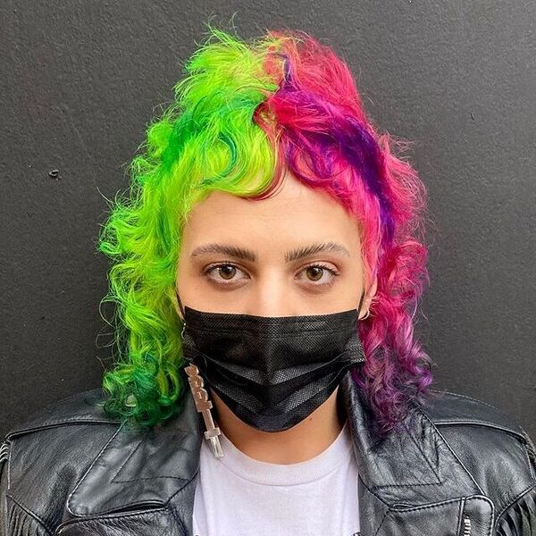 Curly Mullet With Split Dyed - a woman wearing a black face mask