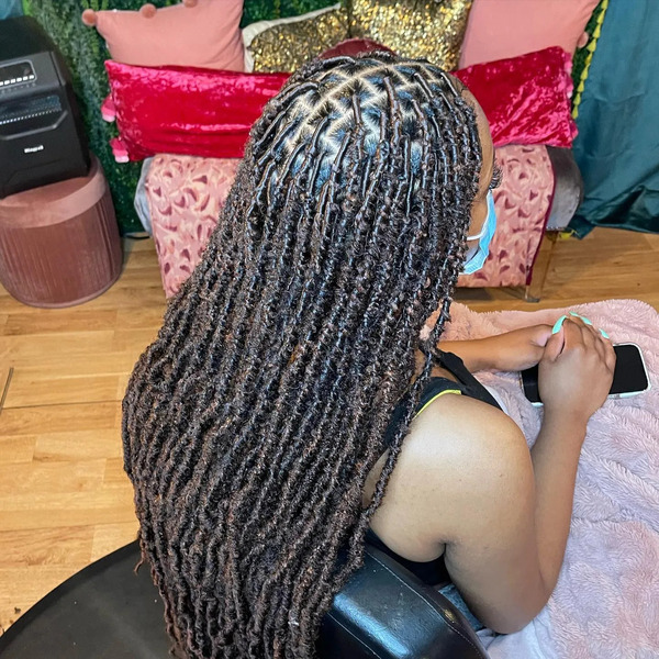Distressed Faux Locs Style - a woman in a back view