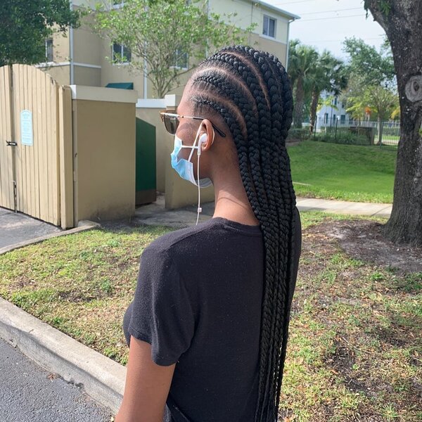 Medium Feed in African Cornrow Braid Hairstyles- A woman with sunglasses wearing a black shirt