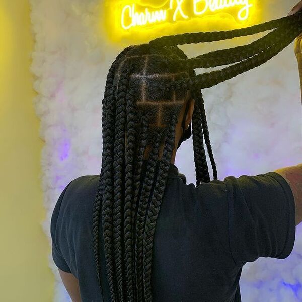 Mid Back in a Large Knotless Braids - A woman wearing a black shirt