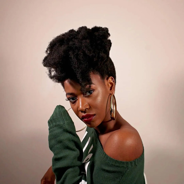 Pineapple Updo Natural Hairstyles for Women - a woman wearing a sweat shirt