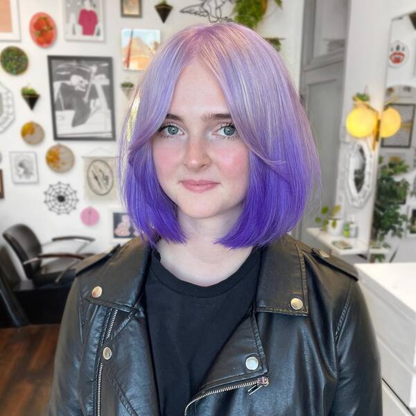 Purple & Blonde Galaxy Hair Color Bob Cut Style - a woman wearing a jacket