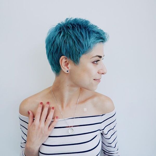 Turquoise Pixie Hair - a woman in a side a view