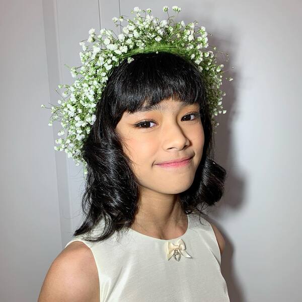 Bangs and Baby's Breath Accents - a girl wearing a white dress