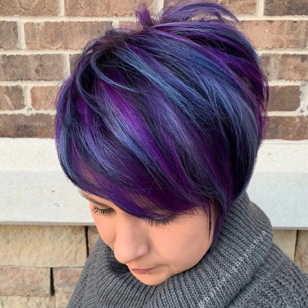 Black and Purple Pixie Cut - a woman wearing a winter jacket