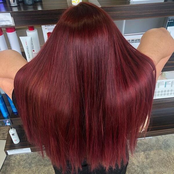 Burgundy Hair in Sleek Look - a woman in a back view