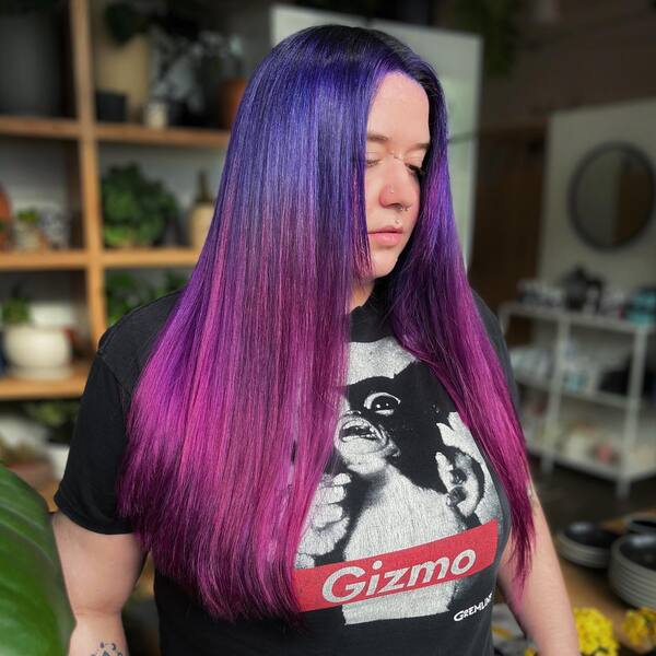 Color Melt Straight Hair with Mini Curtain Fringe - a woman wearing a black shirt