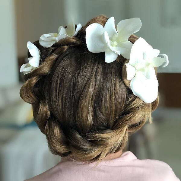 Crown Braid and Orchid Flowers - a girl in a back view