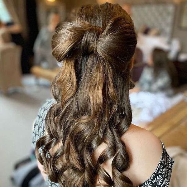 Curly Ribbon Hair Style- A girl wearing off shoulder dress