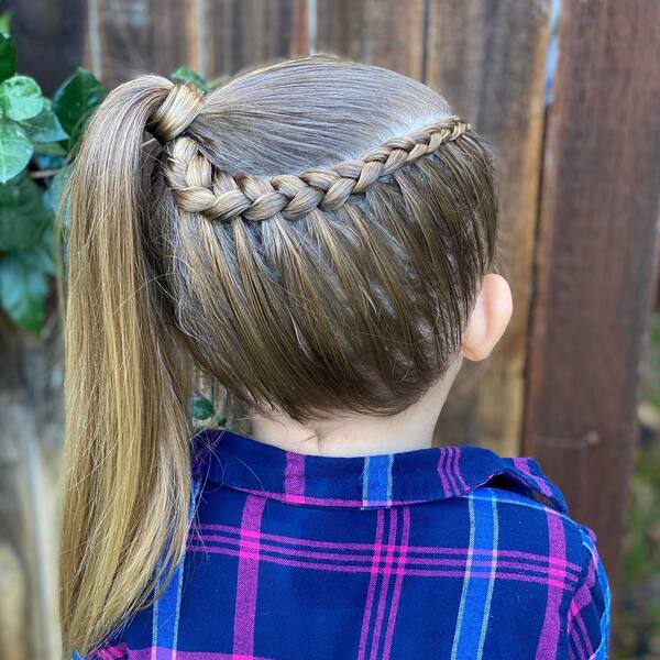 Dutch Lace Braid into Side Ponytail - a girl wearing a checkered polo