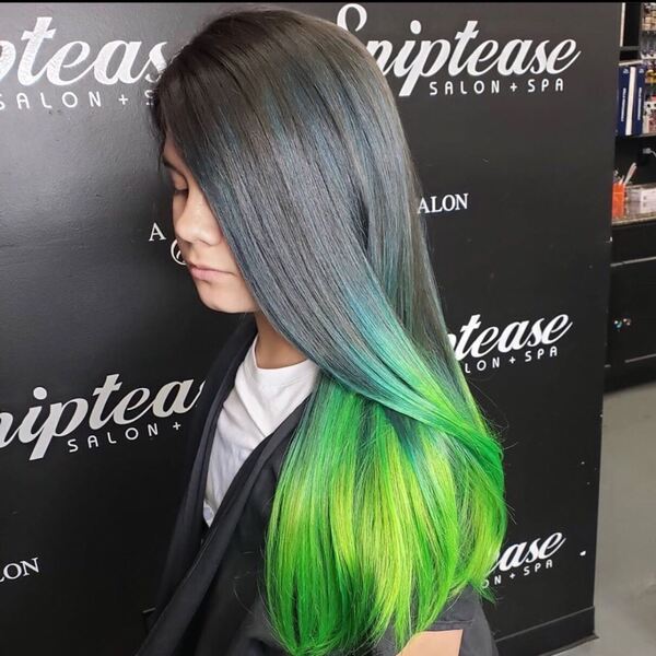Electric Green Long Hair Ombre - a woman in a side view