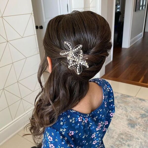 Fancy Style with Flower Hair Clip - a girl wearing a blue dress