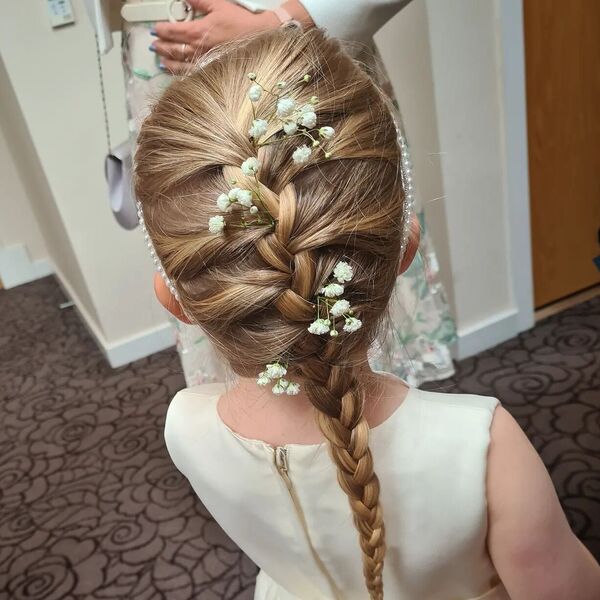 French Braid with Flower Design - a girl wearing a white dress