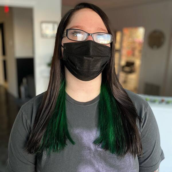 Goddess Green Peek-a-Boo on Straight Hair - a woman wearing a face mask