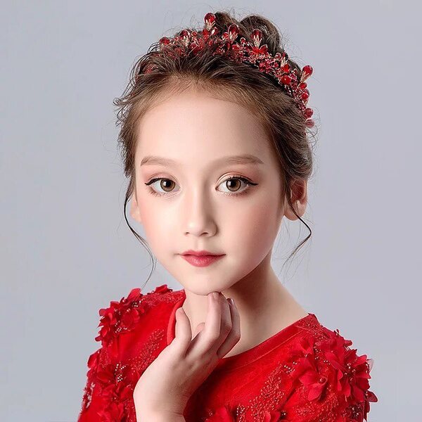 Hair Bun with Red Crystal Crown - a girl in a red dress