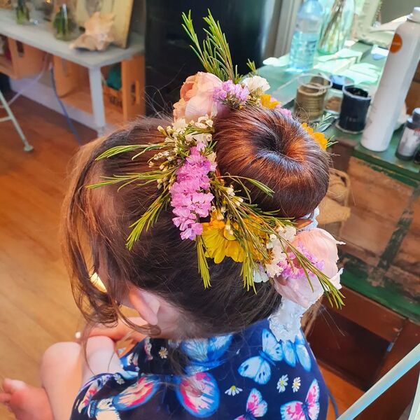 Hair Donut and Flowers - a girl wearing a dress