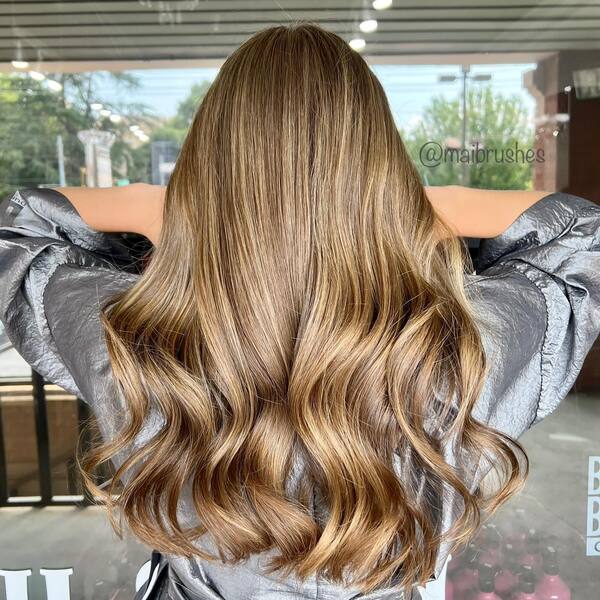 Honey Blonde Highlights for Wavy Hair - a woman in a back view