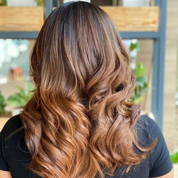 Honey Coffee Blend Highlights for Wavy Hair - a woman in a back view