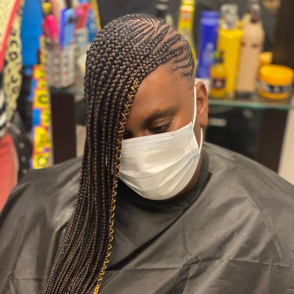 Lemonade Braids with Yellow Rubber Band Style - a woman wearing a face mask