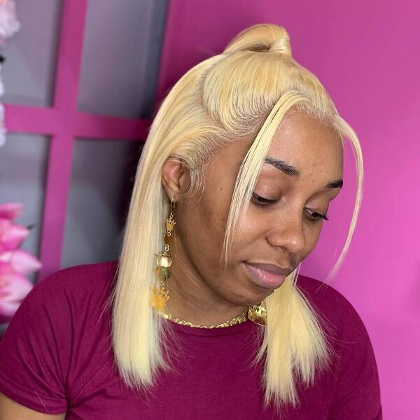 Long Bob with Pony Tail and Straight Tendrils - a woman wearing a maroon shirt