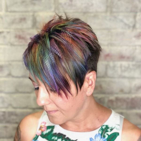 Long Striped Pixie Cut with Rainbow Prism - a woman in a side view