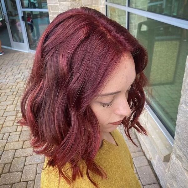 Metallic Rosy Red Burgundy for Short Hair - a woman wearing a yellow dress