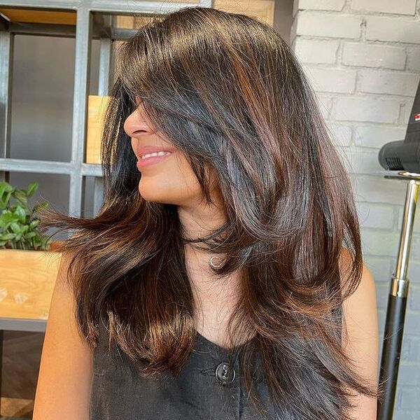 Mocha Brown Highlights with Soft Layers - a woman in a side view