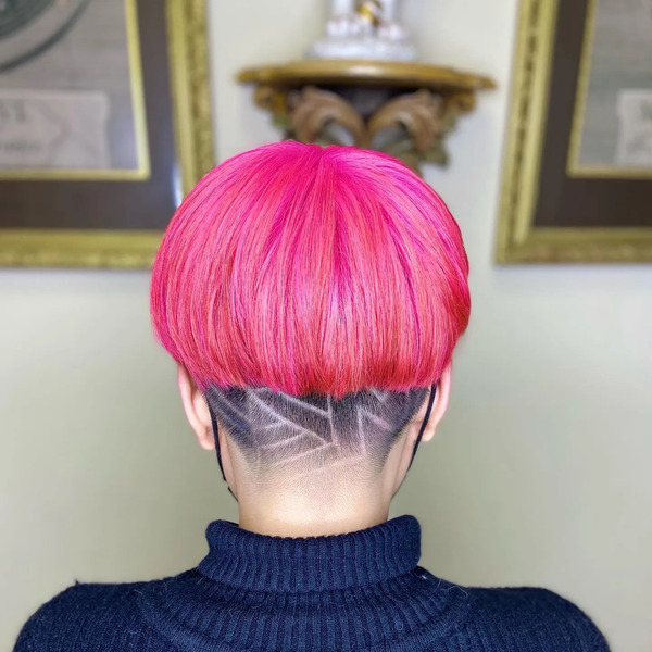 Mushroom Cut with Geometric Shaved Lines - a woman in a back view