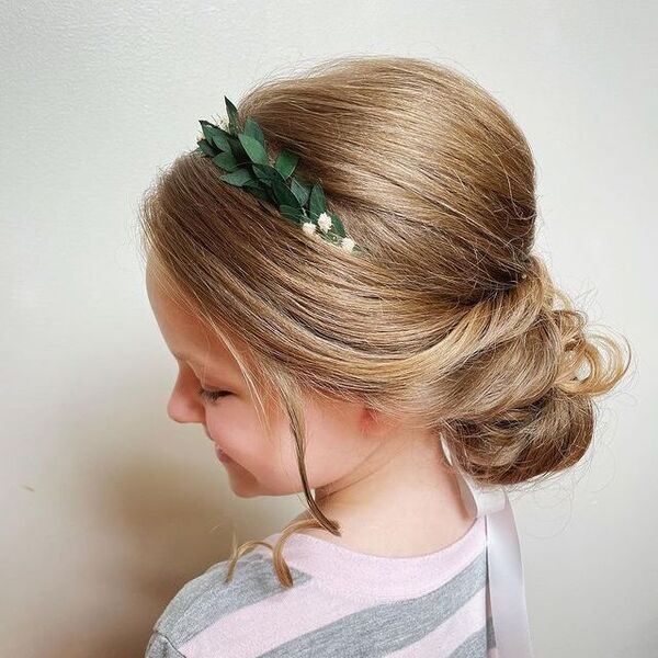 Precious Updo with Green Leaf Crown - a girl in a side view