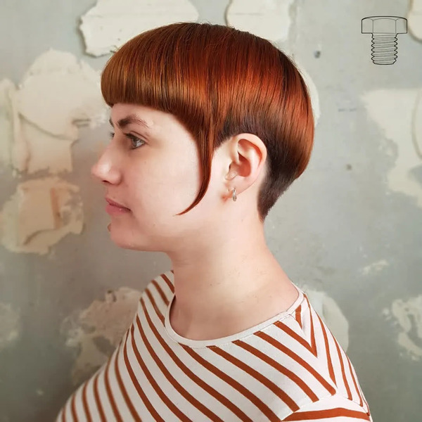 Precision Mushroom Cut with Extra Flicks - a woman wearing a striped shirt