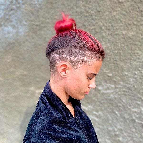 Red Toned Hair with Valentines Vibes Undercut - a woman in a side view