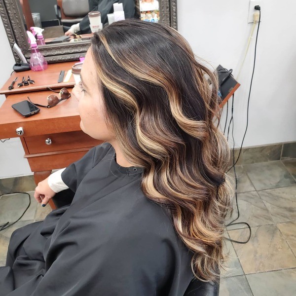 Rich Espresso Brown Base with Caramel Cream Balayage - a woman wearing a black cape