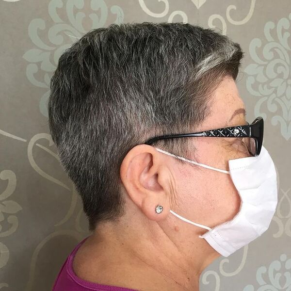 Short Pixie Cut and White Hair - a woman in a side view wearing a face mask