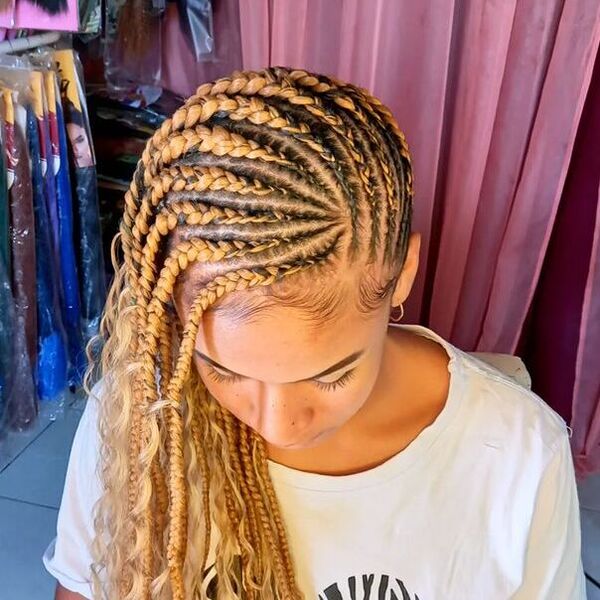 Stunning Blonde Lemonade Braids - a woman wearing a white shirt