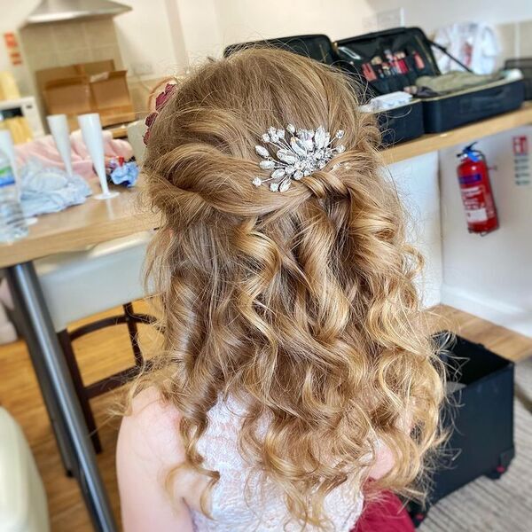 Twisted Half- Up Look with Curly Ends- A girl wearing white dress