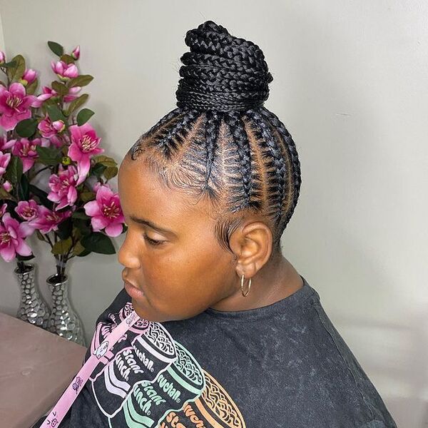 Updo Lemonade Braids - a girl wearing a dark gray shirt