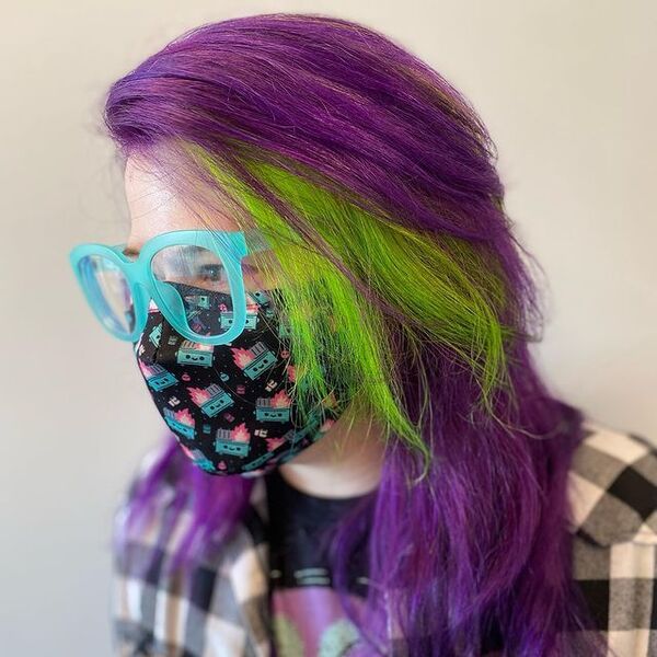 Violet Hair and Envy Green Underlights - a woman wearing a face mask