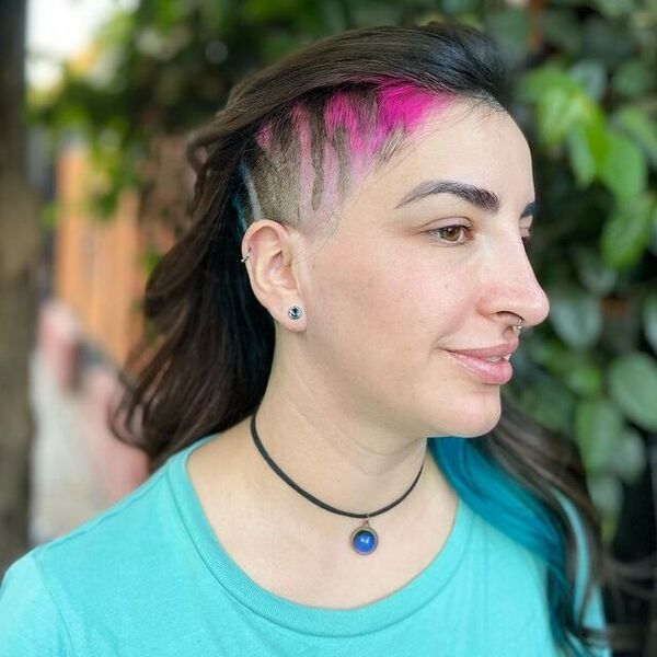 Wavy Hair Undercut with Striped Wild Colors - a woman in a side view